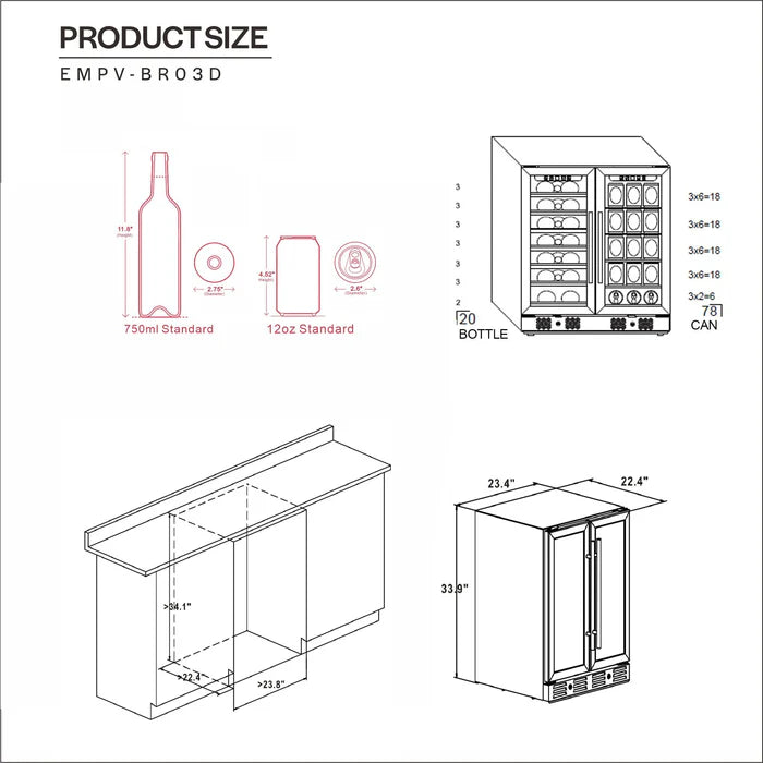 Empava 24" Dual Zone Wine And Beer Fridge Beverage Cooler
