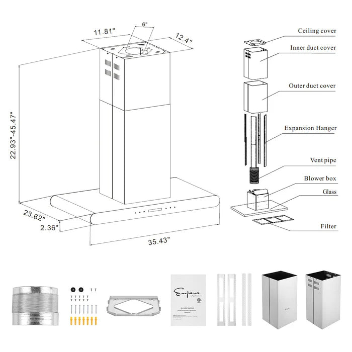 Empava 36 In. 400 CFM Island Ducted Range Hood