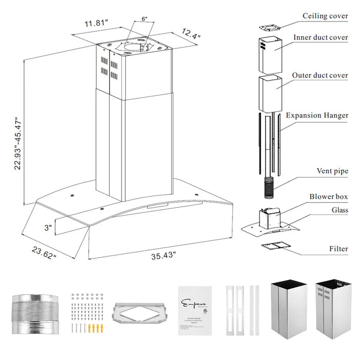 Empava 36 In. 400 CFM Kitchen Island Wall Mount Ducted Range Hood